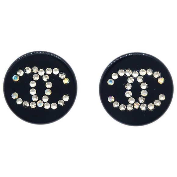Chanel Button Earrings Clip-On Rhinestone Black - Picture 1 of 4